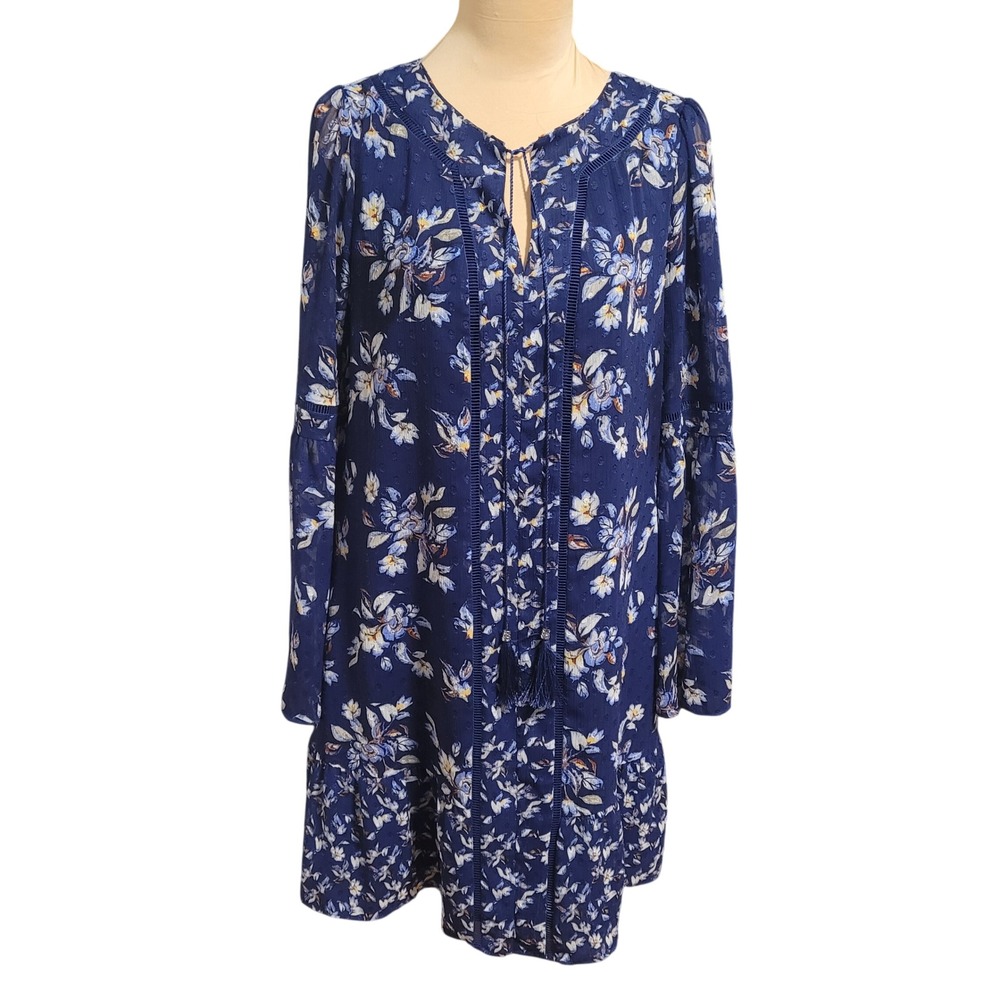 Navy Swiss Dot Floral Boho Romantic Bell‎ Sleeve Shift Dress Tassel Lace WHBM M